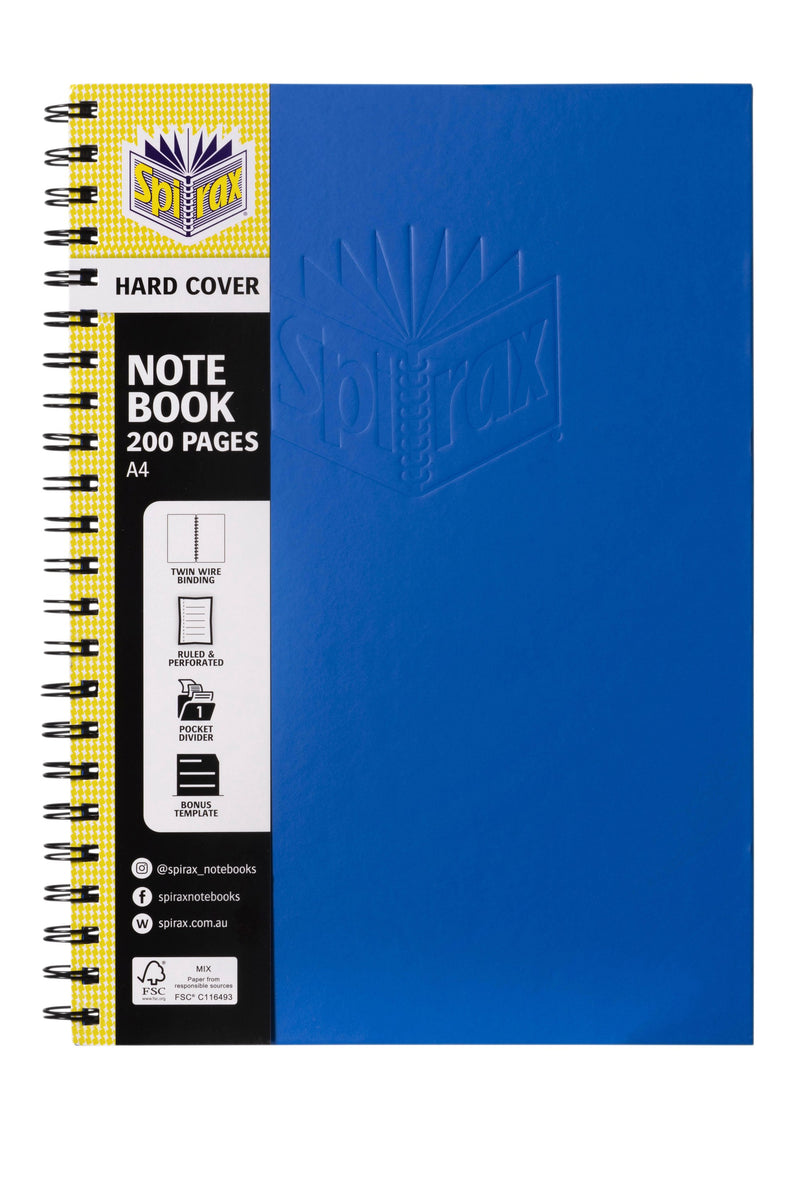 Blue Spirax 512 A4 notebook in its retail sleeve, with a yellow and black band printed Hard Cover Note Book 200 Pages A4 and feature icons down the side