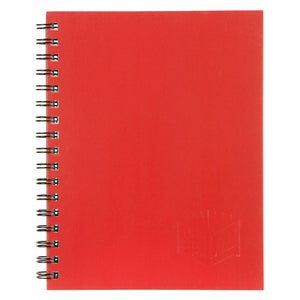 Red Spirax 512 A4 hard cover notebook from the front, with an embossed Spirax logo in the corner and twin wire down the side