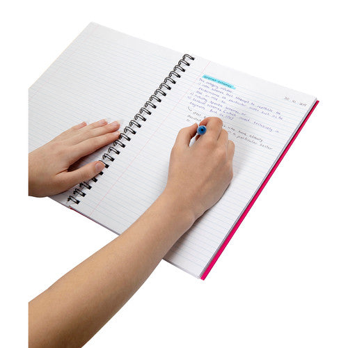 Spirax A4 hardcover notebook pink cover angled view showing spine and pages