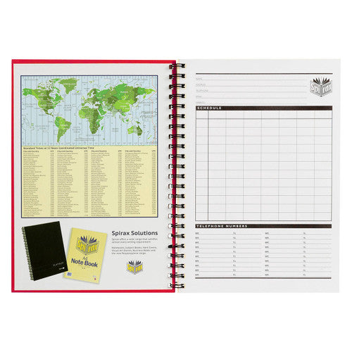 Open Spirax A4 hardcover notebook showing 7mm ruled pages with red margin