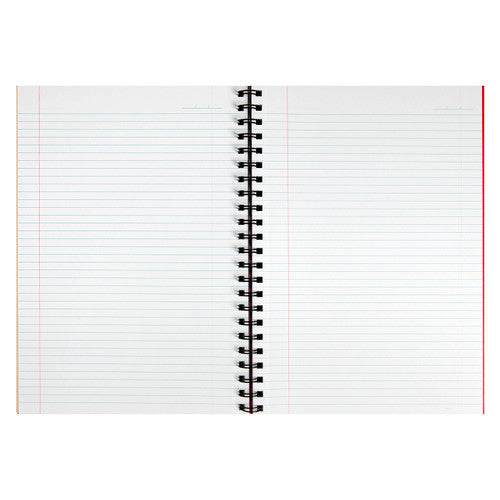 Close-up of twin wire binding on Spirax red hardcover notebook