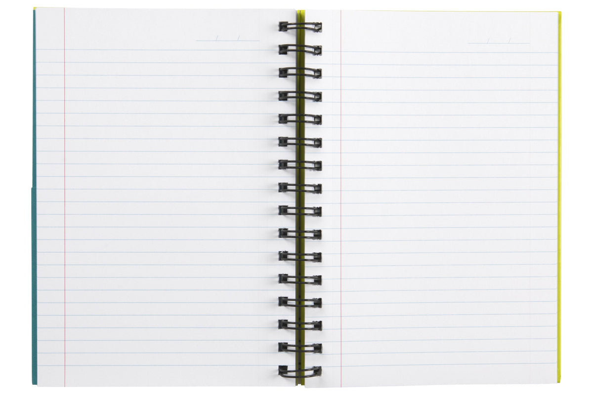 Spirax Kode 511 notebook open on two ruled pages with a red margin line on each page and a date line at the top, black wire binding and teal and lime cover edges