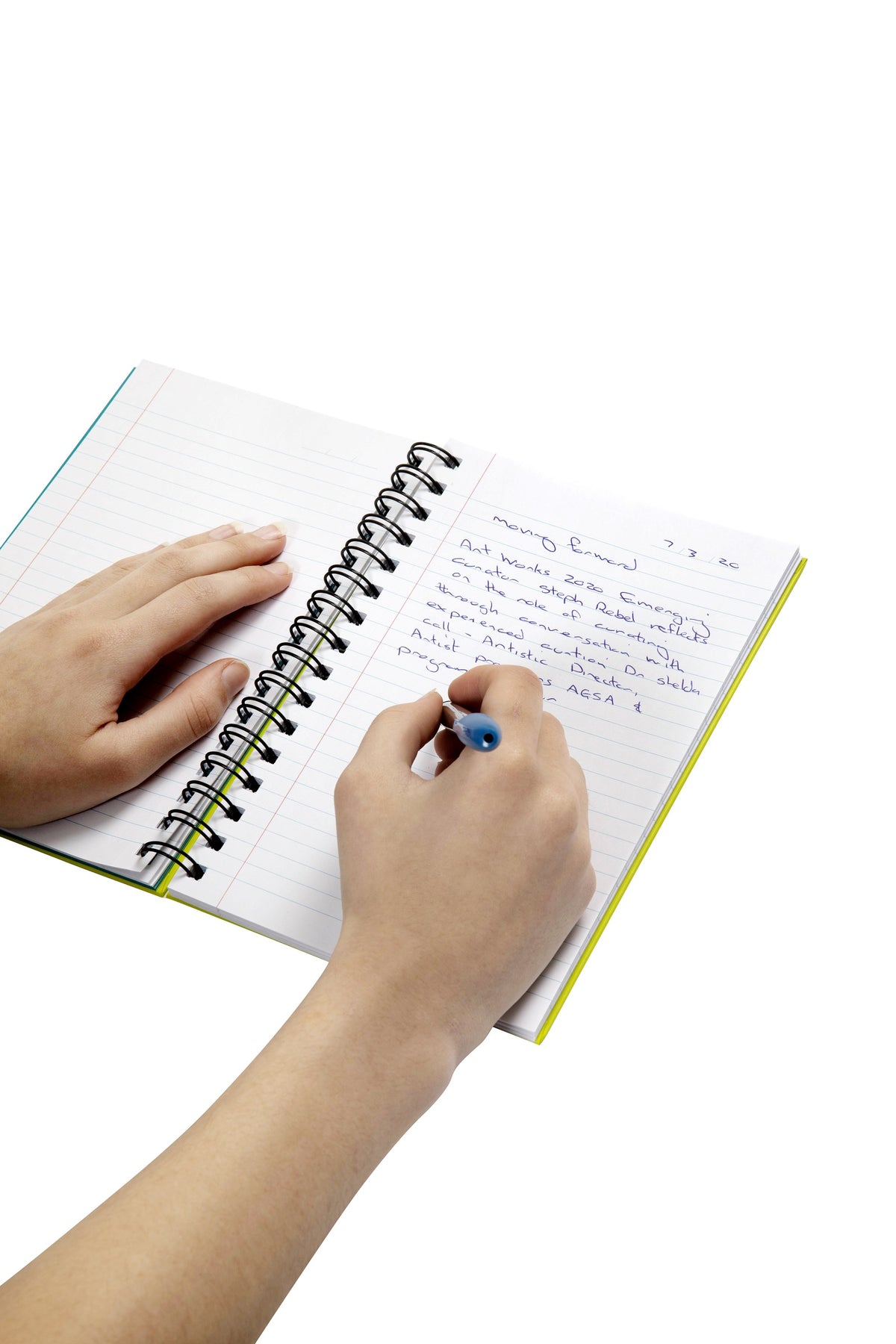 Hand writing in blue pen in an open Spirax Kode 511 notebook with ruled pages, red margins and black wire binding, the lime green cover edge showing