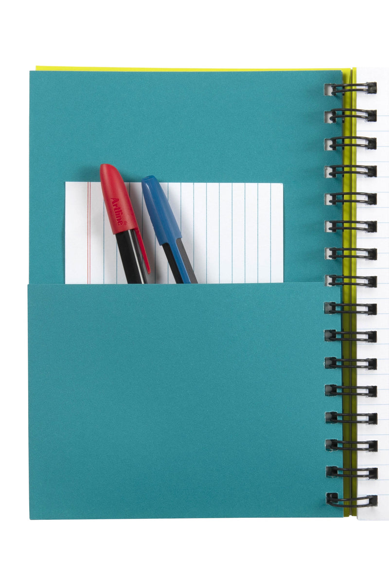 Teal pocket divider inside a Spirax Kode 511 notebook holding a ruled index card and two pens, with the black wire binding down the right side