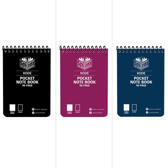 Three Spirax Kode 955 pocket notebooks side by side in black, burgundy and navy, each printed Kode Pocket Note Book 96 Page with black wire across the top