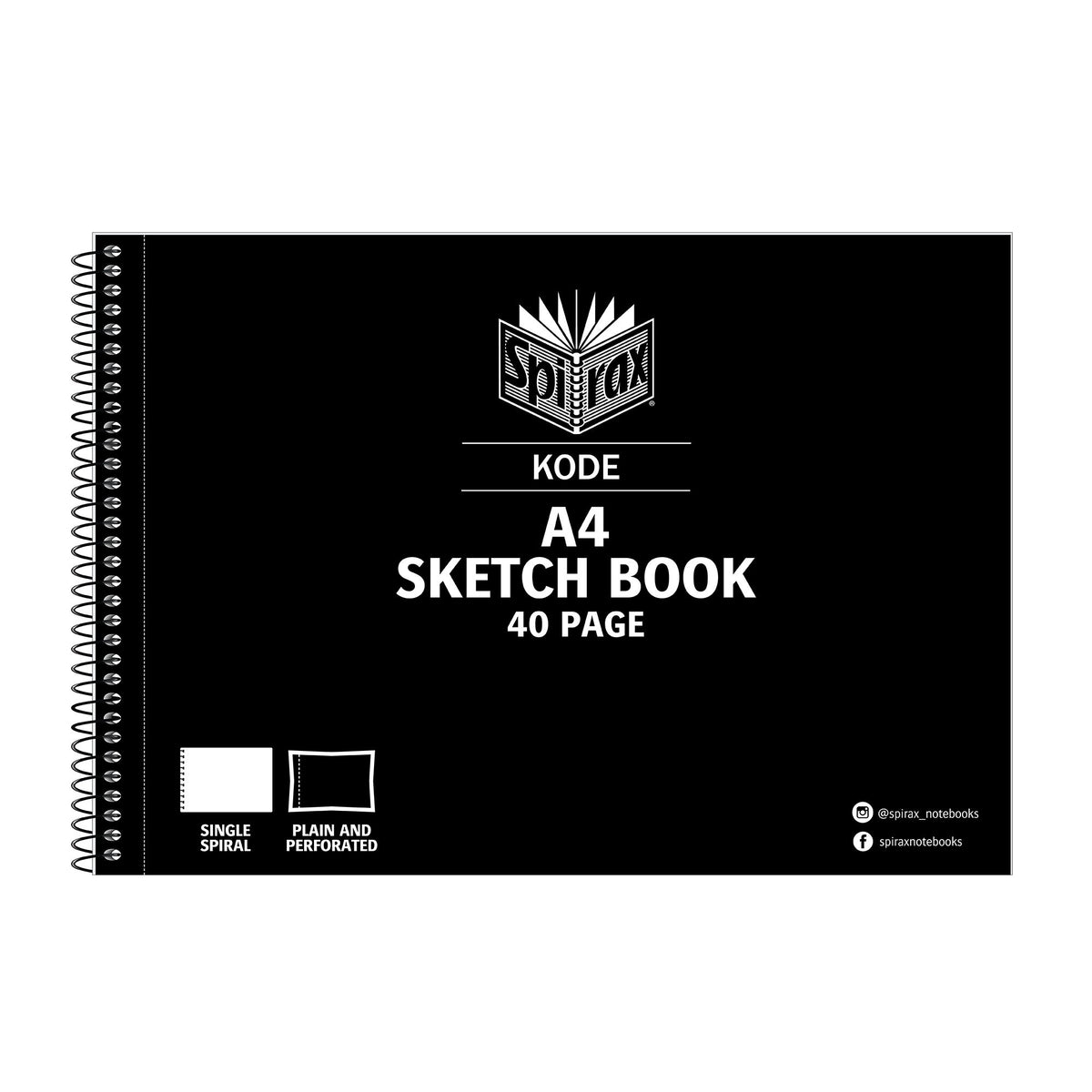 Black Spirax Kode A4 sketch book in the current cover design, landscape format with a side spiral, printed A4 Sketch Book 40 Page