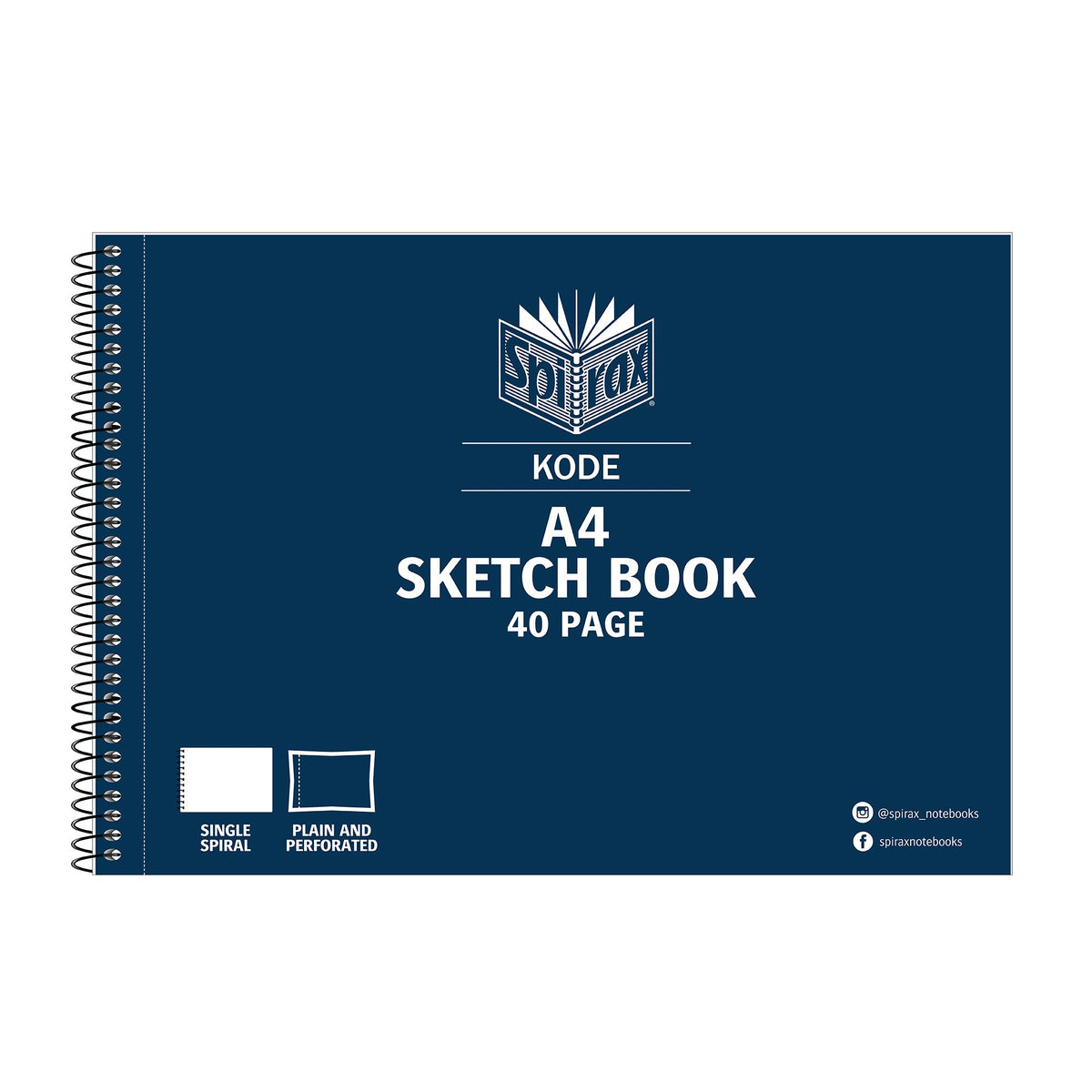 Navy Spirax Kode A4 sketch book 40 page with the white Spirax logo, and single spiral and plain and perforated icons on the cover
