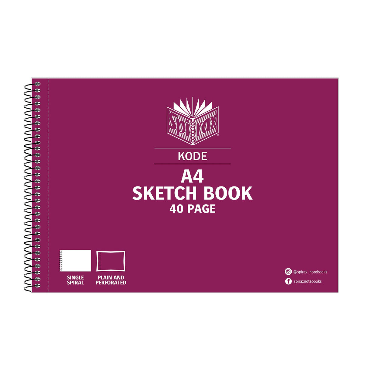 Burgundy Spirax Kode A4 sketch book printed A4 Sketch Book 40 Page, landscape layout with black spiral wire on the left