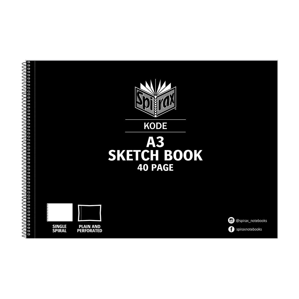 Black Spirax Kode A3 sketch book in the current cover design, landscape with a side spiral and printed A3 Sketch Book 40 Page