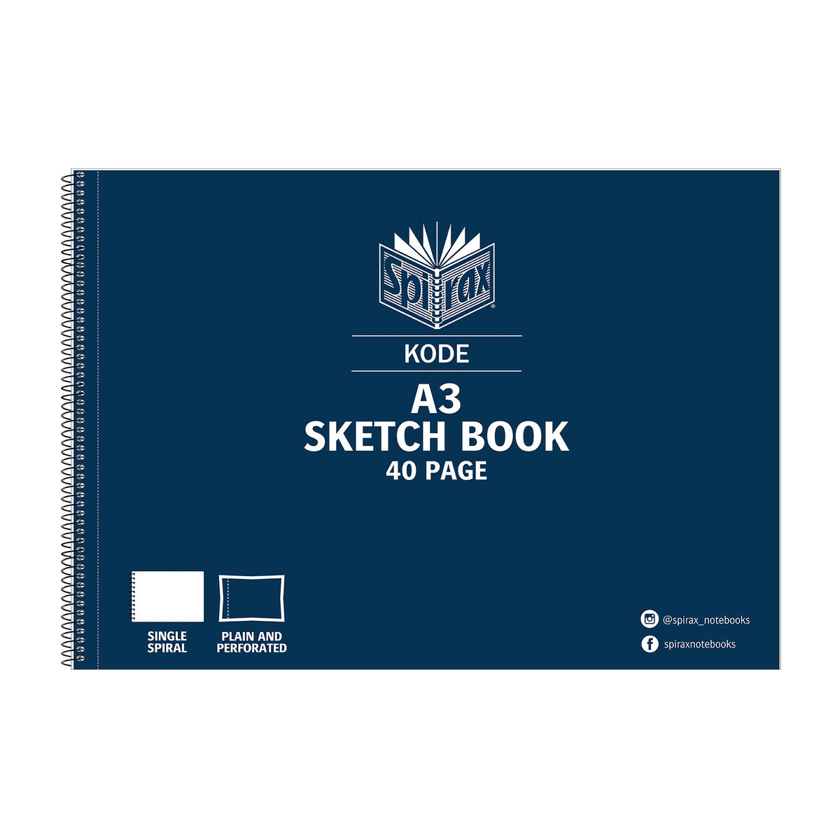 Navy Spirax Kode A3 sketch book 40 page, white Spirax logo above the title and single spiral and plain and perforated icons below