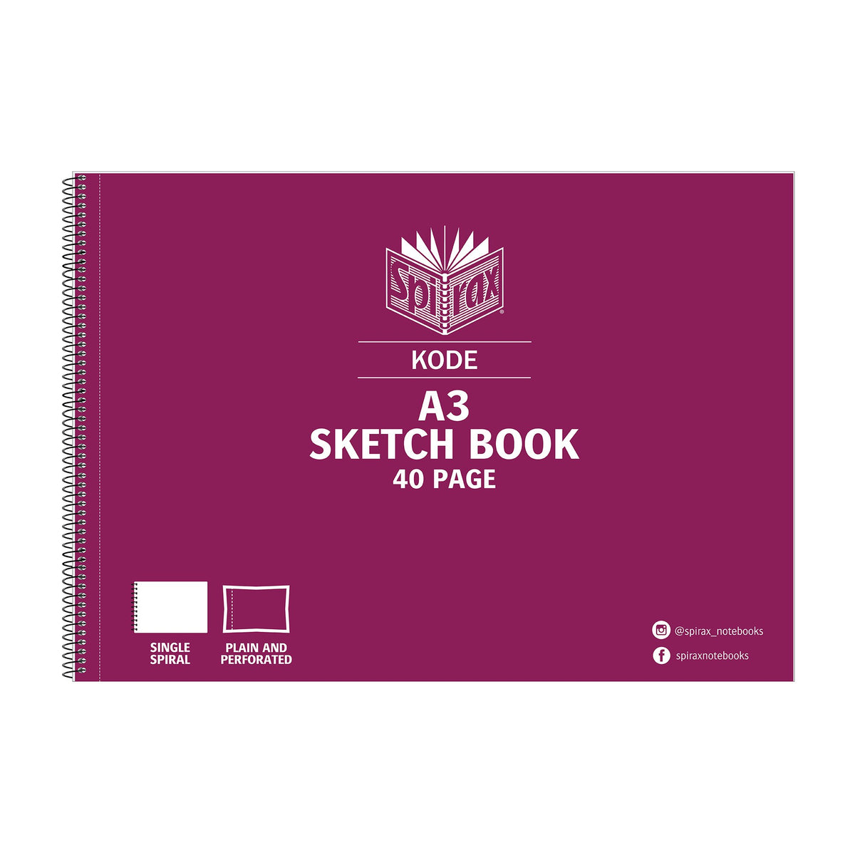 Burgundy Spirax Kode A3 sketch book cover printed A3 Sketch Book 40 Page, with spiral wire running down the left edge