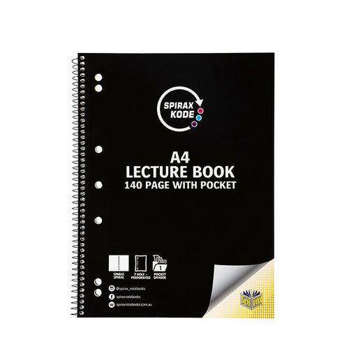 Black Spirax Kode A4 lecture book printed 140 page with pocket, single spiral on the left edge and icons for 7 hole perforated and pocket divider