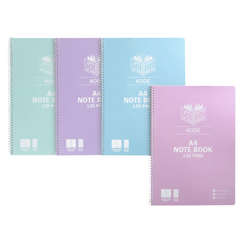 Assorted Spirax Kode A4 metallic notebooks layered together on a white background, showing pink, blue, purple and mint covers with side wire binding for colourful stationery supply.