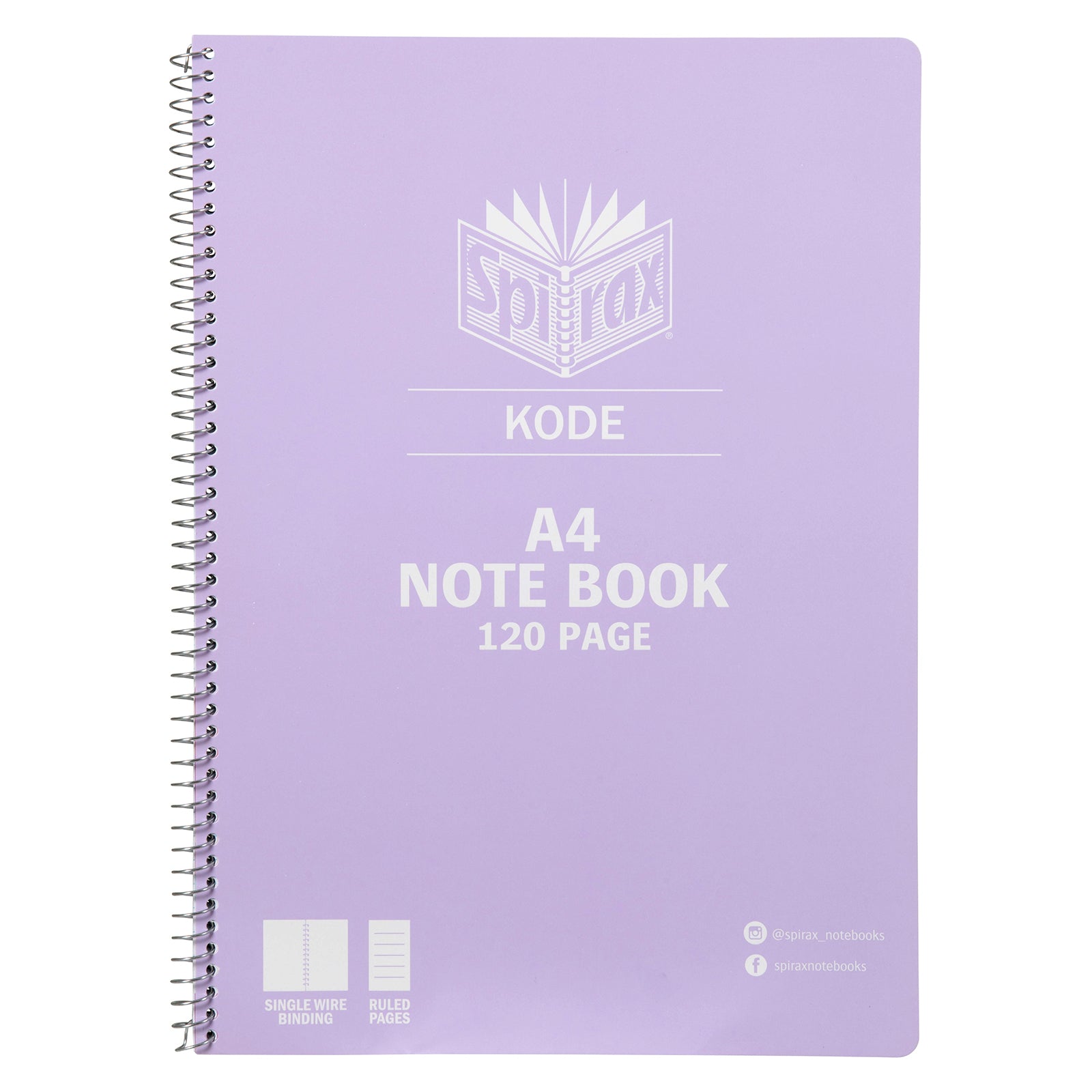 Front product image of the purple Spirax Kode A4 notebook with white branding, single wire binding and 120 page ruled notebook details on a plain white background.