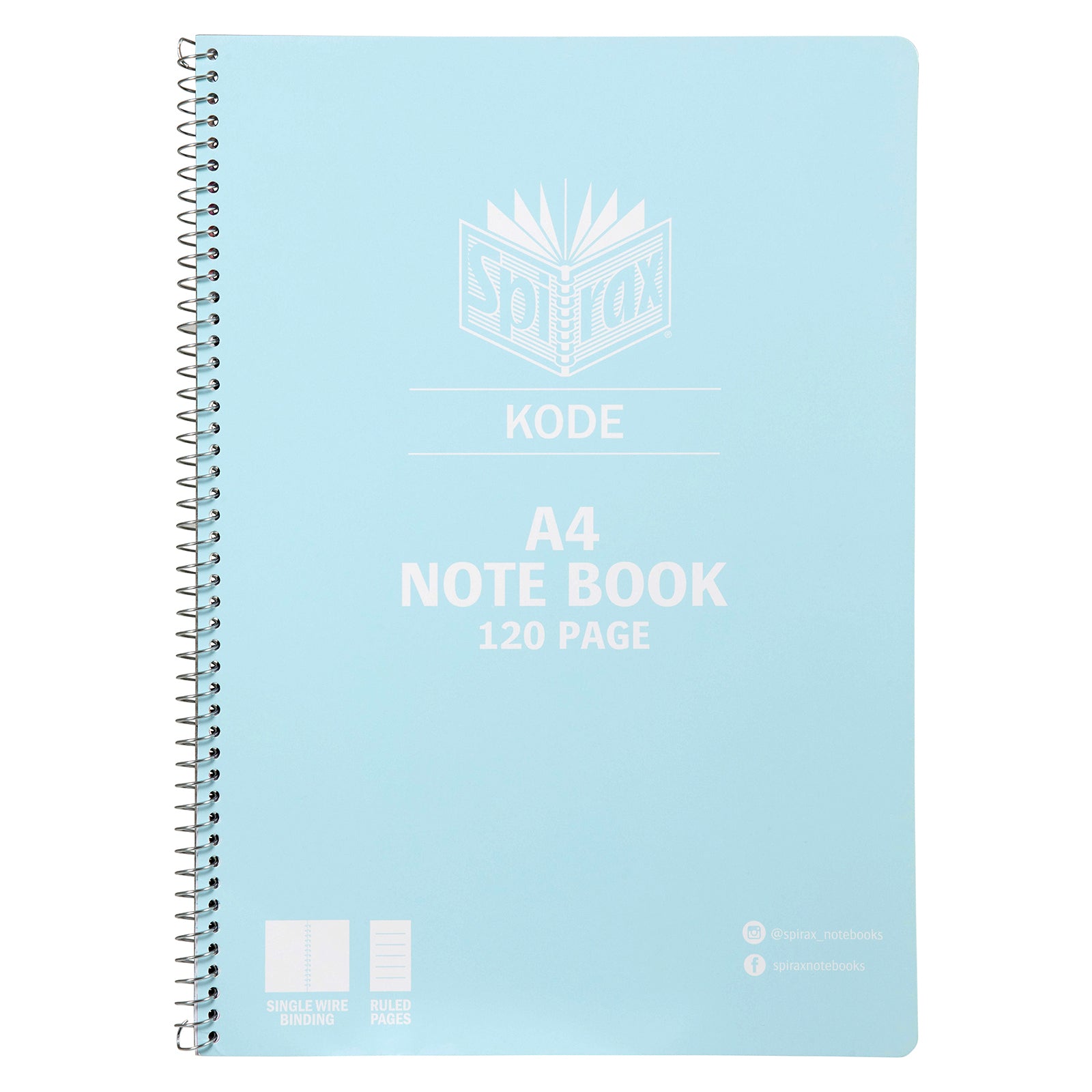 Front product image of the blue Spirax Kode A4 notebook showing the pastel metallic cover, side spiral binding, 120 page format and clean minimal design.