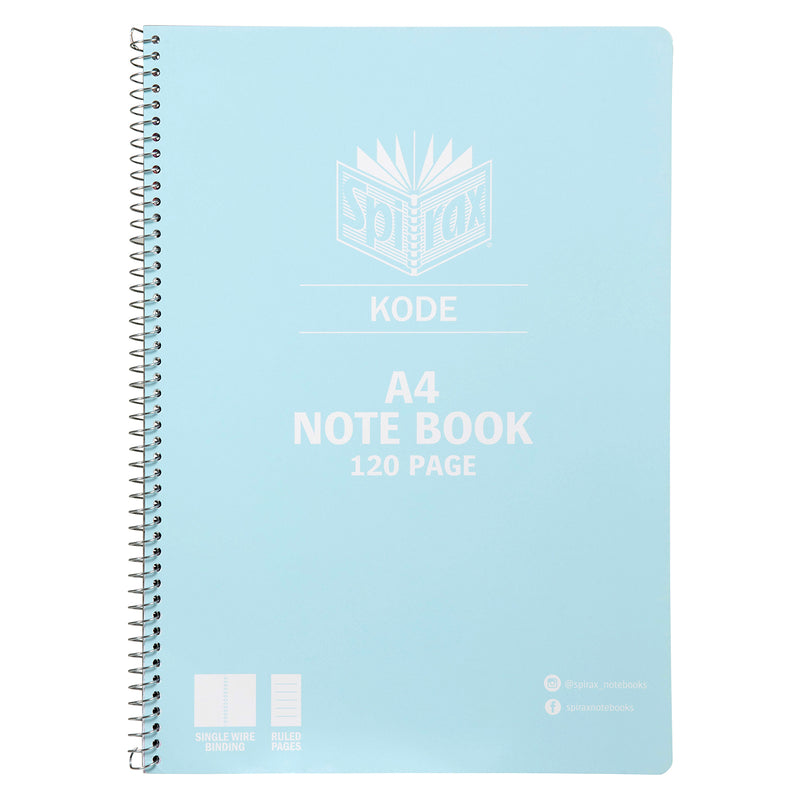 Front product image of the blue Spirax Kode A4 notebook showing the pastel metallic cover, side spiral binding, 120 page format and clean minimal design.