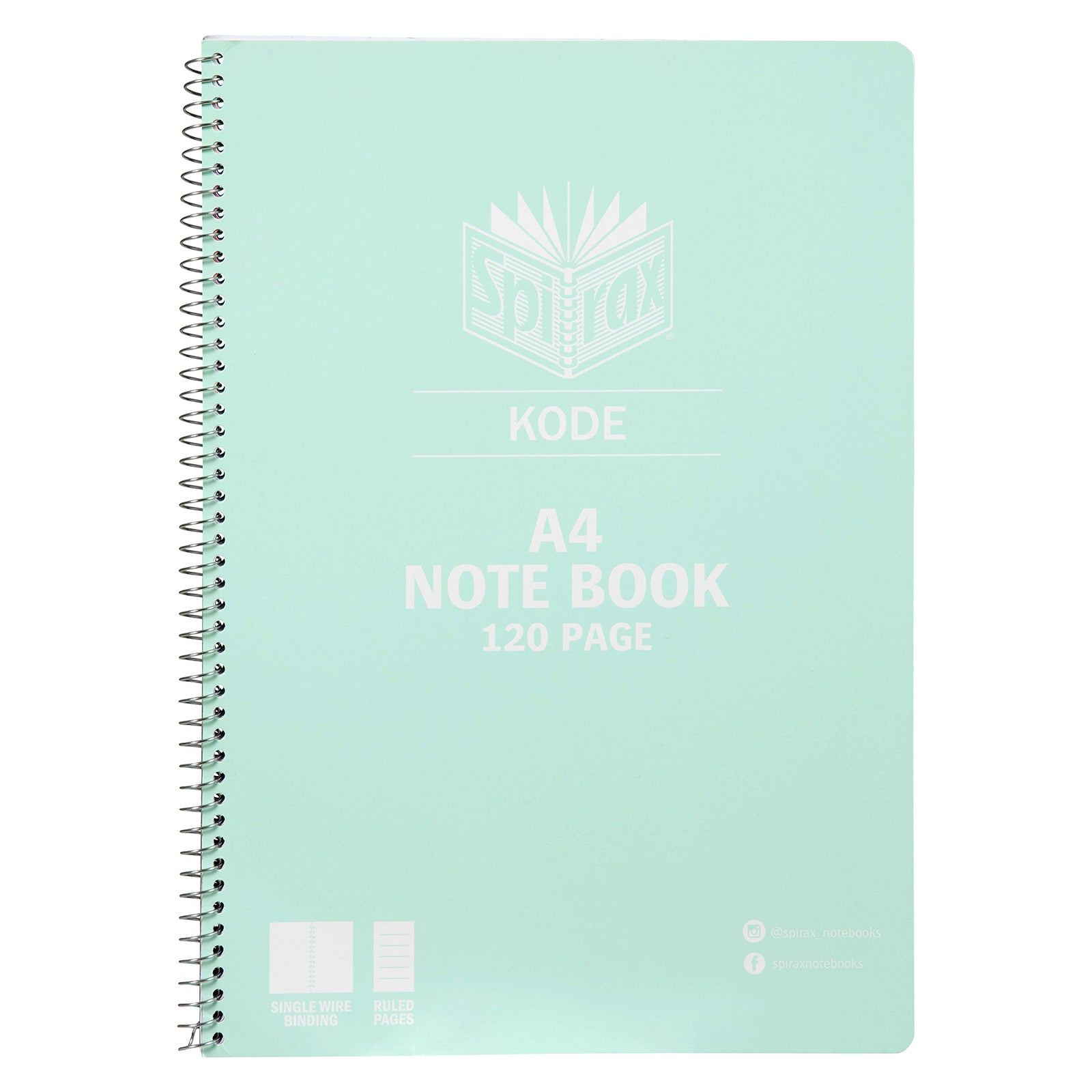Front product image of the mint Spirax Kode A4 notebook with soft metallic cover, white Spirax branding, single wire binding and 120 page note book details.