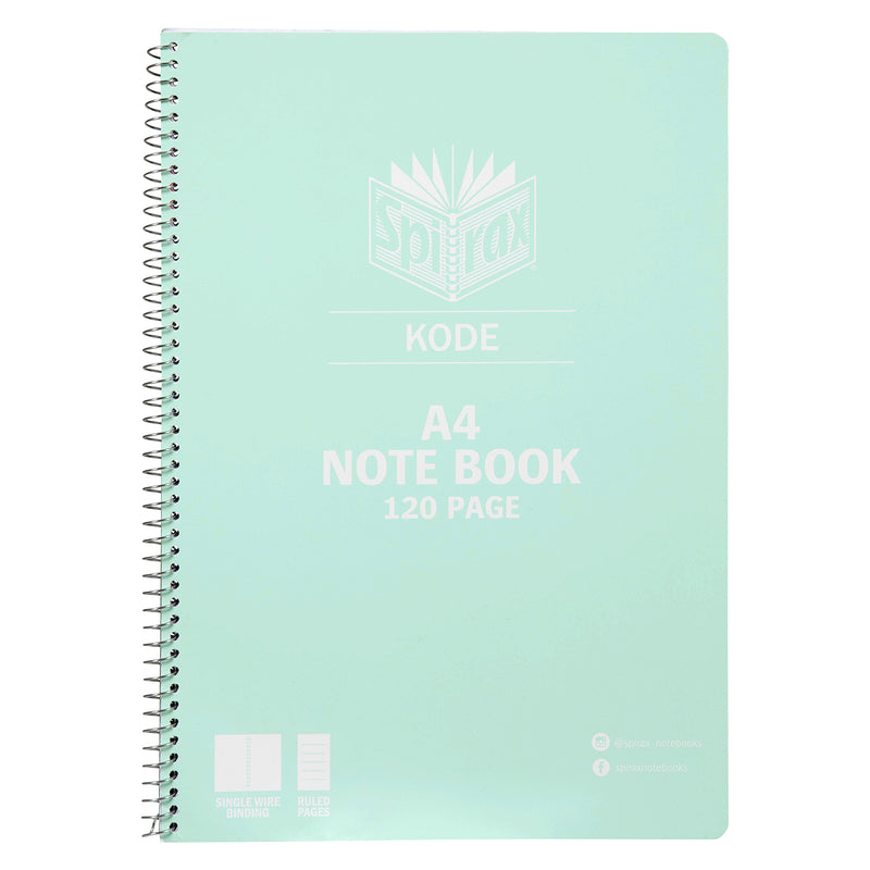 Front product image of the mint Spirax Kode A4 notebook with soft metallic cover, white Spirax branding, single wire binding and 120 page note book details.
