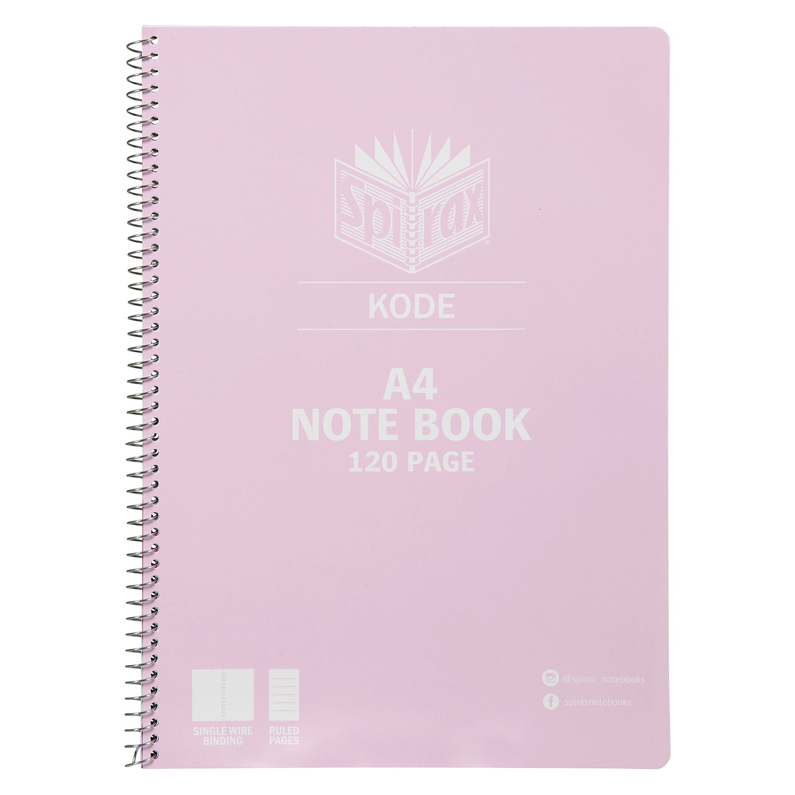 Front product image of the pink Spirax Kode A4 notebook showing 120 page capacity, single wire binding and ruled page icons on a clean white background.