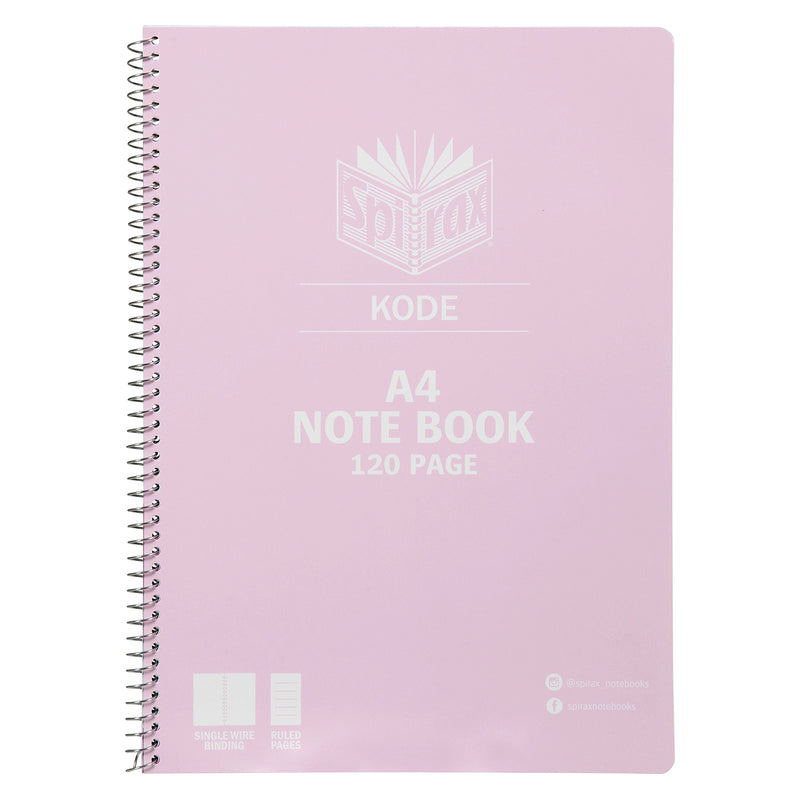 Front product image of the pink Spirax Kode A4 notebook showing 120 page capacity, single wire binding and ruled page icons on a clean white background.