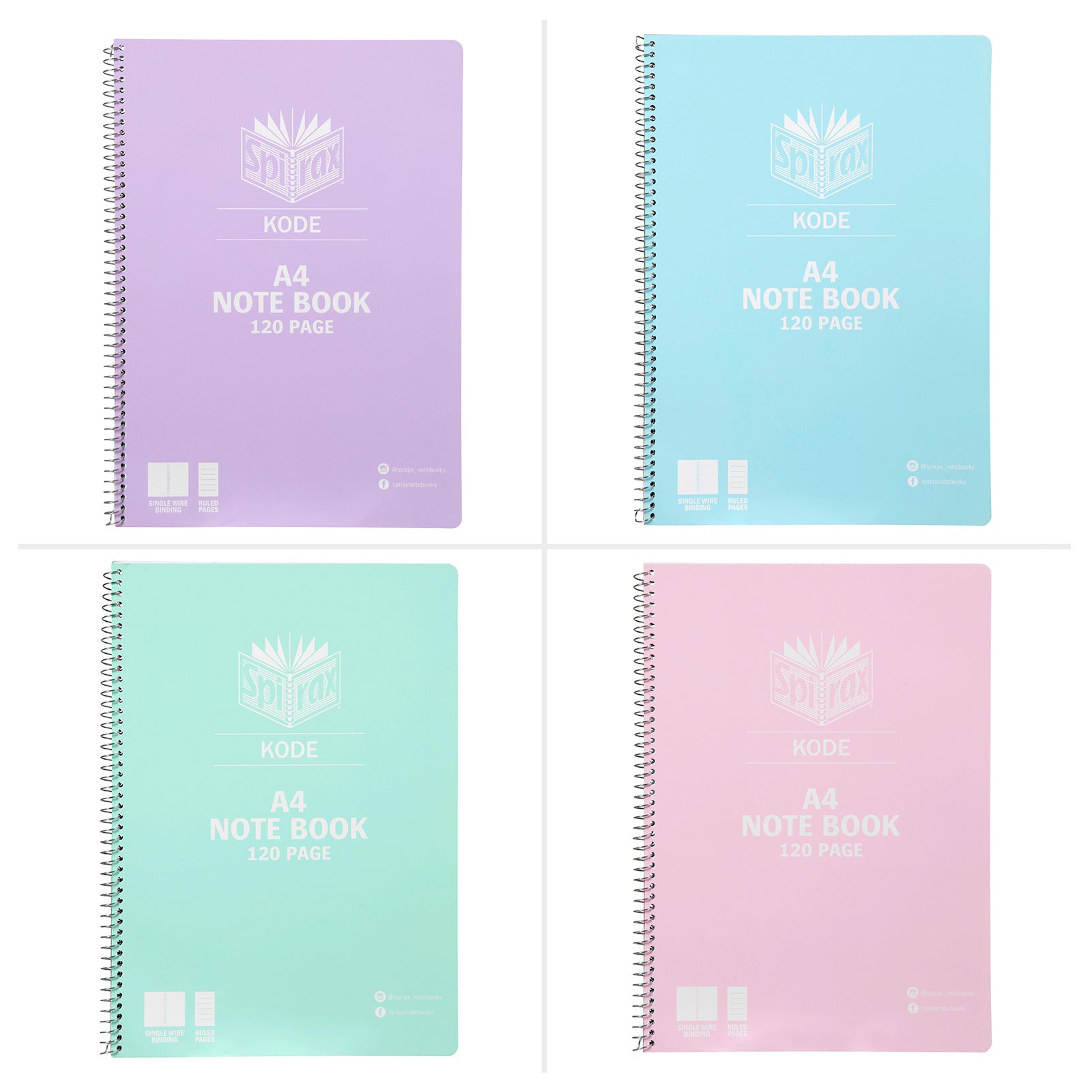 Four individual Spirax Kode A4 metallic notebooks shown in a grid layout, displaying assorted purple, blue, mint and pink colour options for organised subject planning.