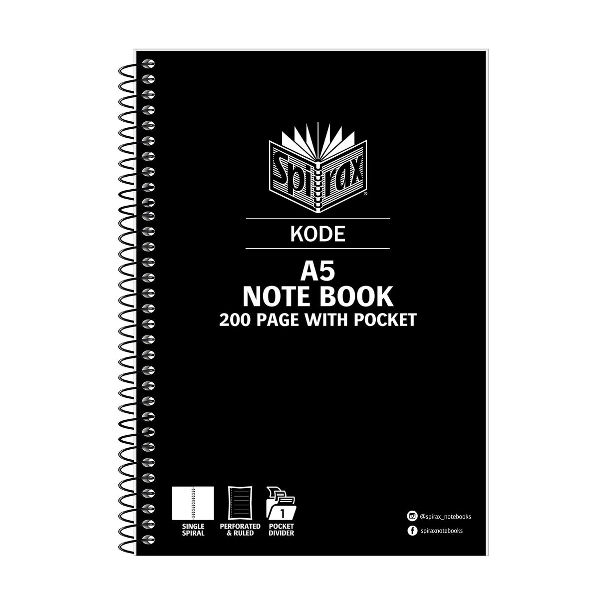 Black Spirax Kode A5 note book printed 200 page with pocket, single spiral down the left and cover icons for perforated and ruled pages and a pocket divider