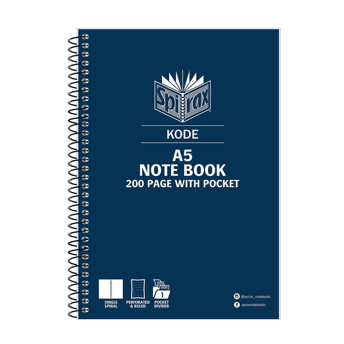 Navy Spirax Kode A5 note book 200 page with pocket, with the white Spirax logo and a black spiral binding down the left edge