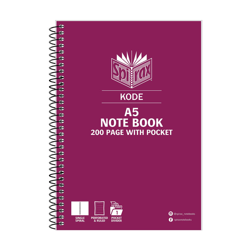 Burgundy Spirax Kode A5 note book front cover printed 200 page with pocket, spiral bound on the left side