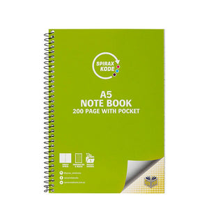 Spirax Kode A5 spiral notebooks in assorted cover colours with built-in pocket, box of 5 shown fanned out on white background