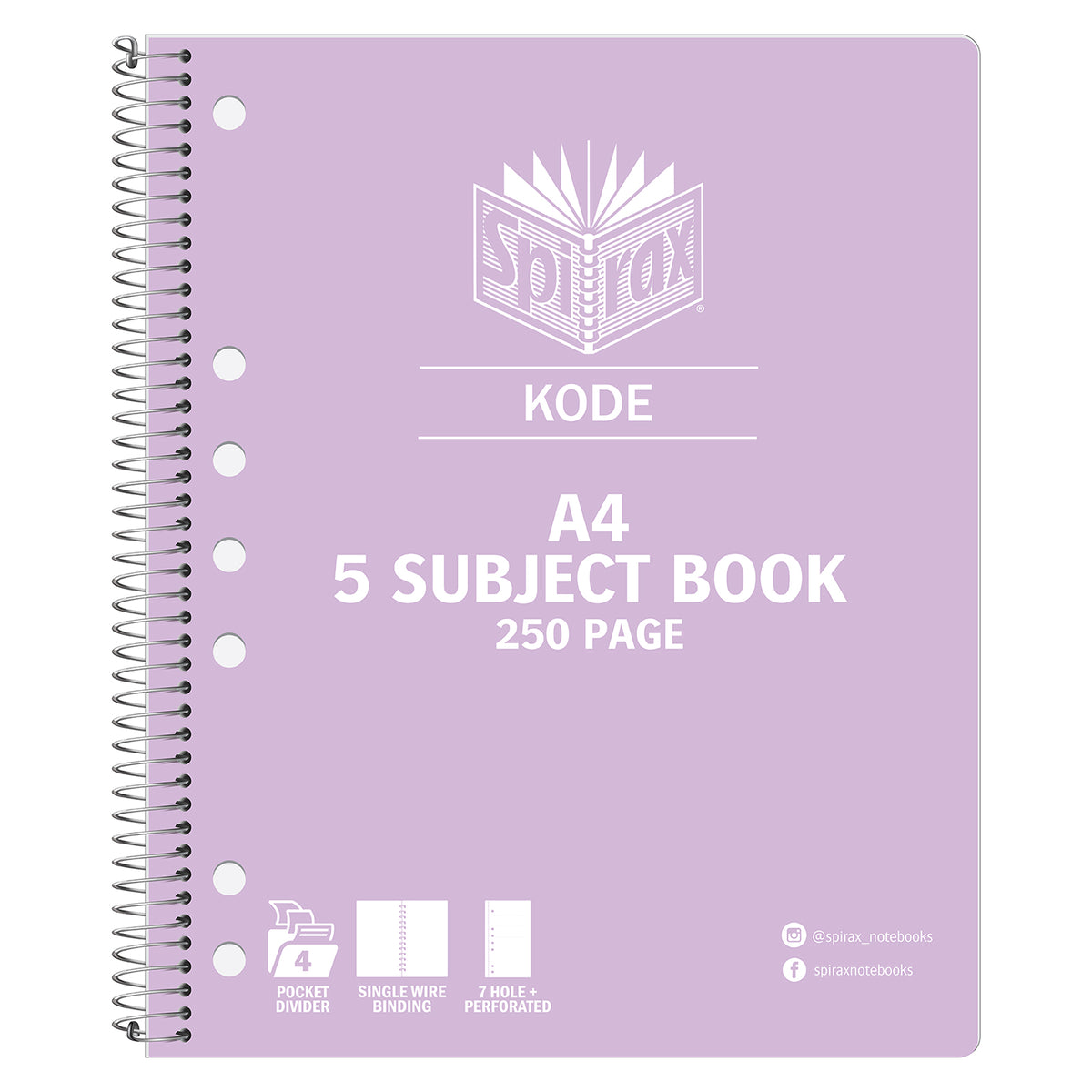 Purple Spirax Kode A4 5 subject book 250 page with cover icons for 4 pocket dividers, single wire binding and 7 hole plus perforated pages