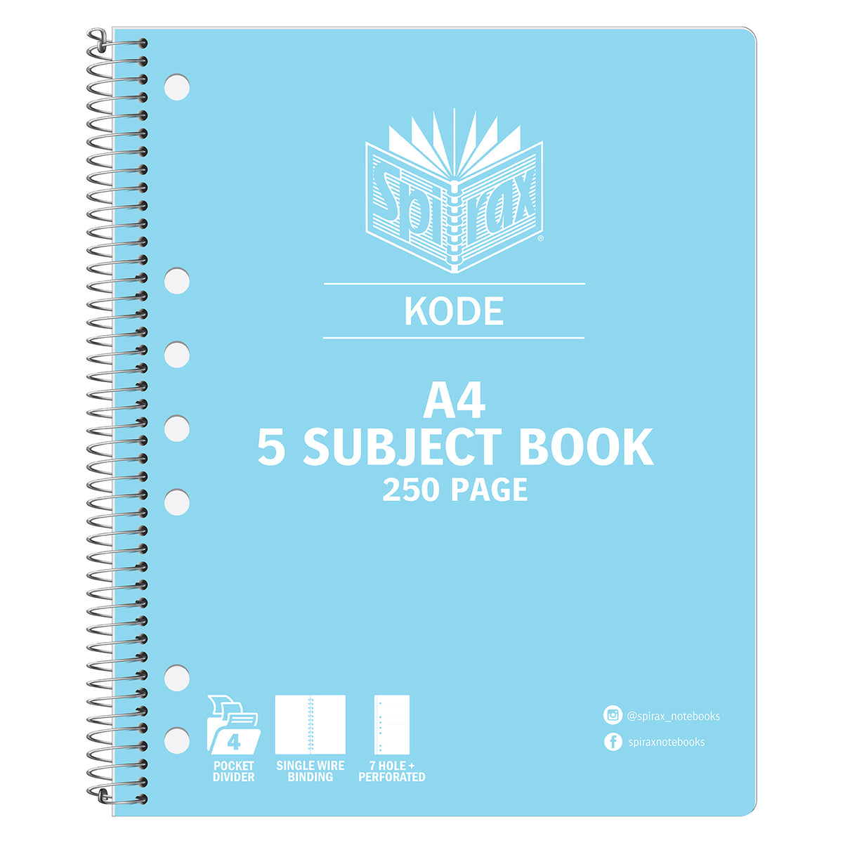 Light blue Spirax Kode A4 5 subject book with a single wire binding and a row of punched holes down the spine edge of the cover