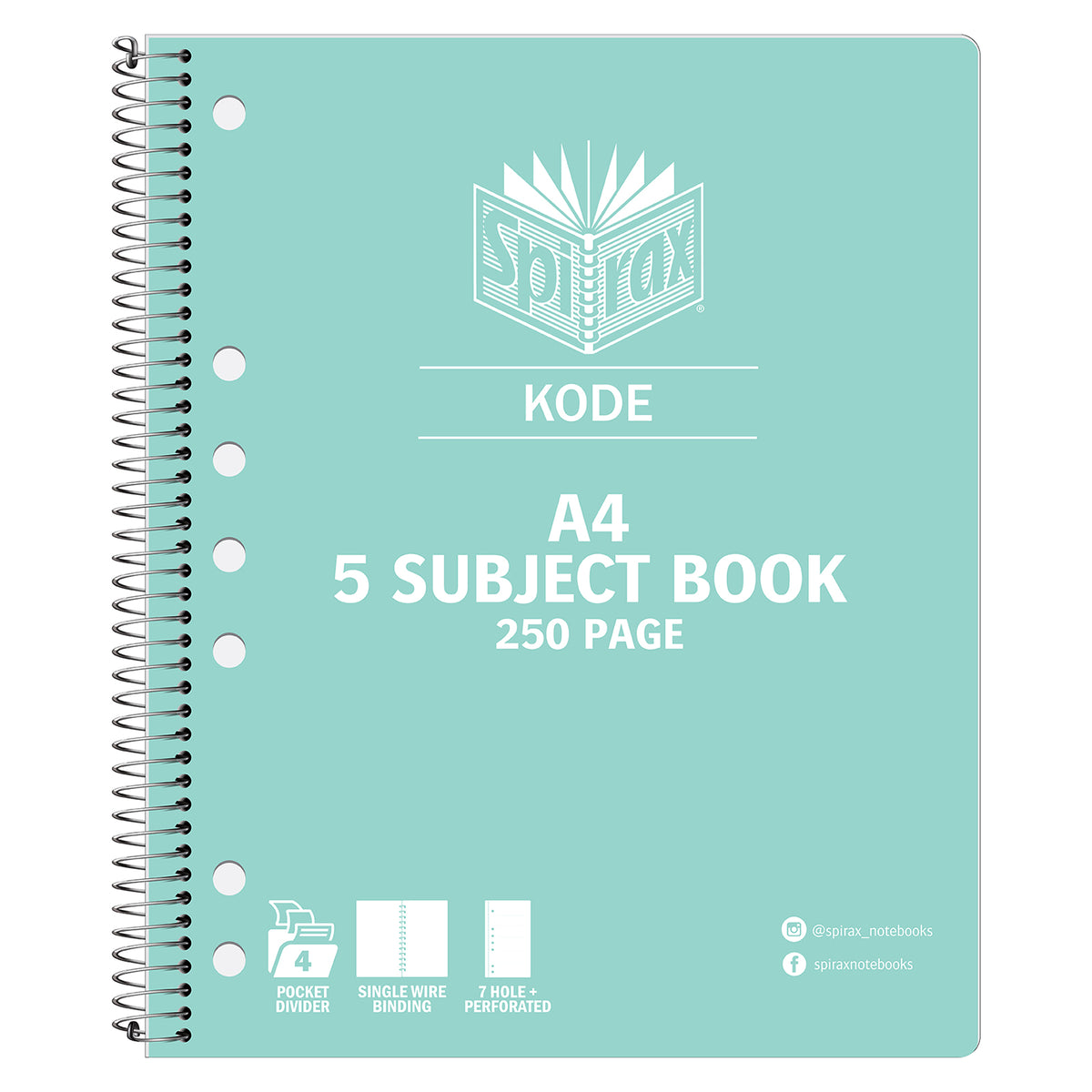 Mint green Spirax Kode A4 5 subject book 250 page with a white Spirax logo and cover icons along the lower edge