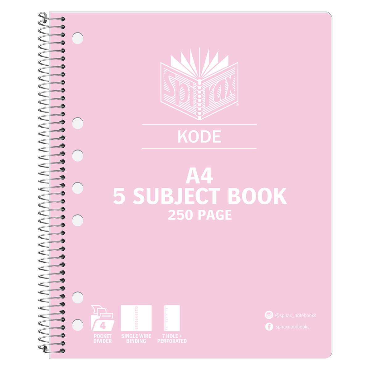 Pink Spirax Kode A4 5 subject book 250 page with a single wire binding and white Kode lettering on the cover