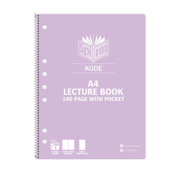 Lilac Spirax Kode A4 lecture book 140 page with pocket, silver single wire on the left and icons for pocket divider and 7 hole perforated