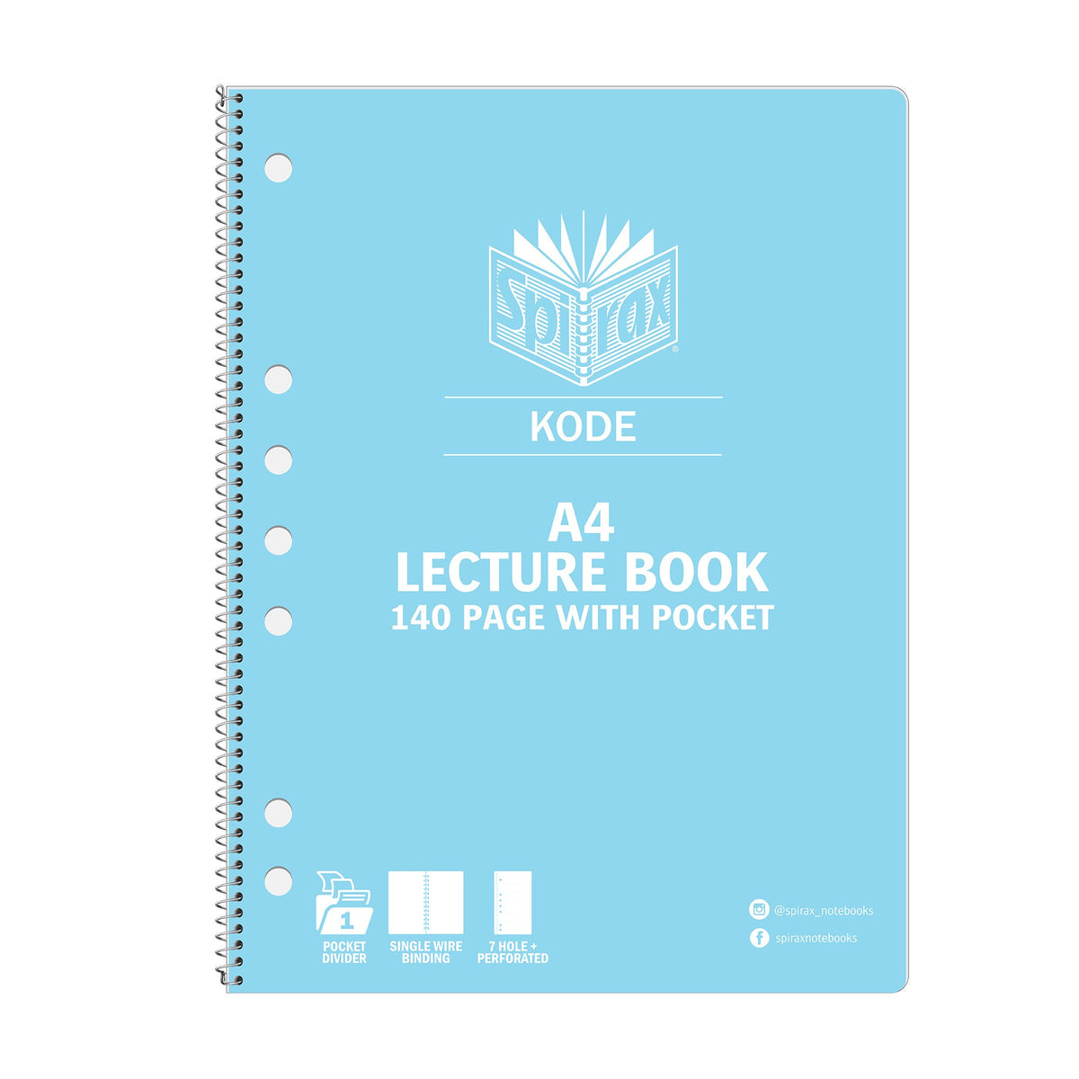 Light blue Spirax Kode A4 lecture book printed 140 page with pocket, with a row of punched holes along the left edge beside the wire binding