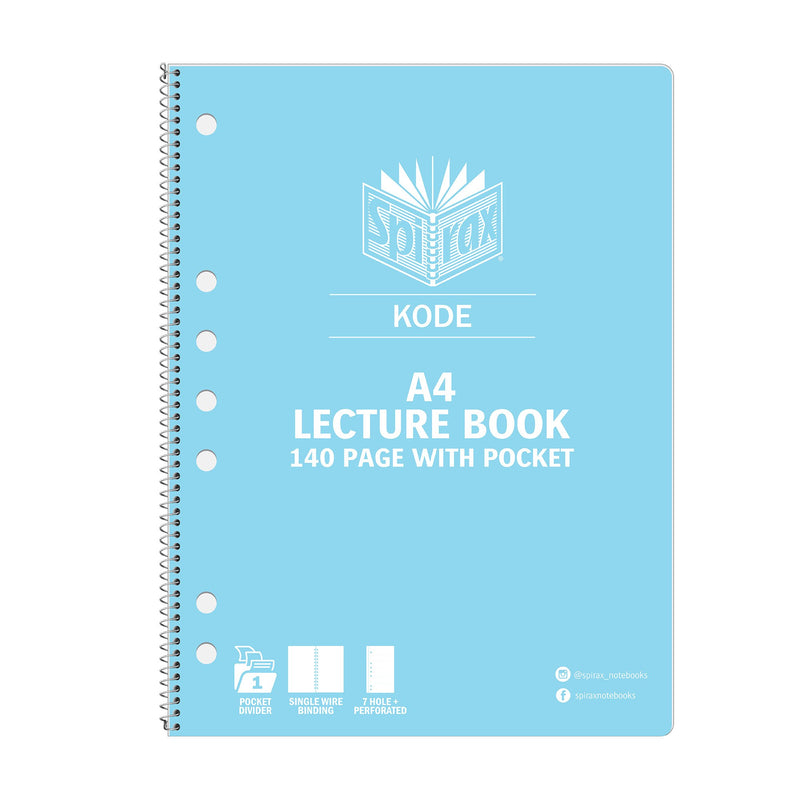 Light blue Spirax Kode A4 lecture book printed 140 page with pocket, with a row of punched holes along the left edge beside the wire binding