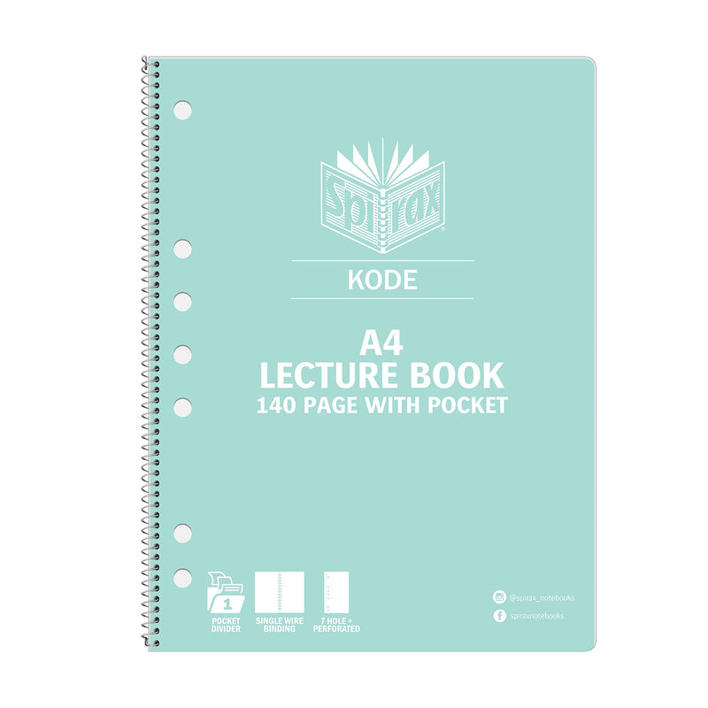 Mint green Spirax Kode A4 lecture book cover printed Lecture Book 140 Page With Pocket, wire bound down the left with punched holes