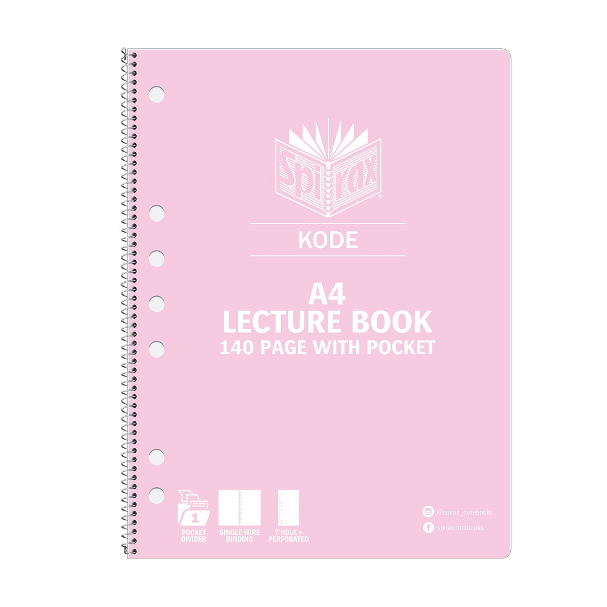 Pale pink Spirax Kode A4 lecture book 140 page with pocket, showing the white Spirax logo, the cover icons and punched holes near the spine