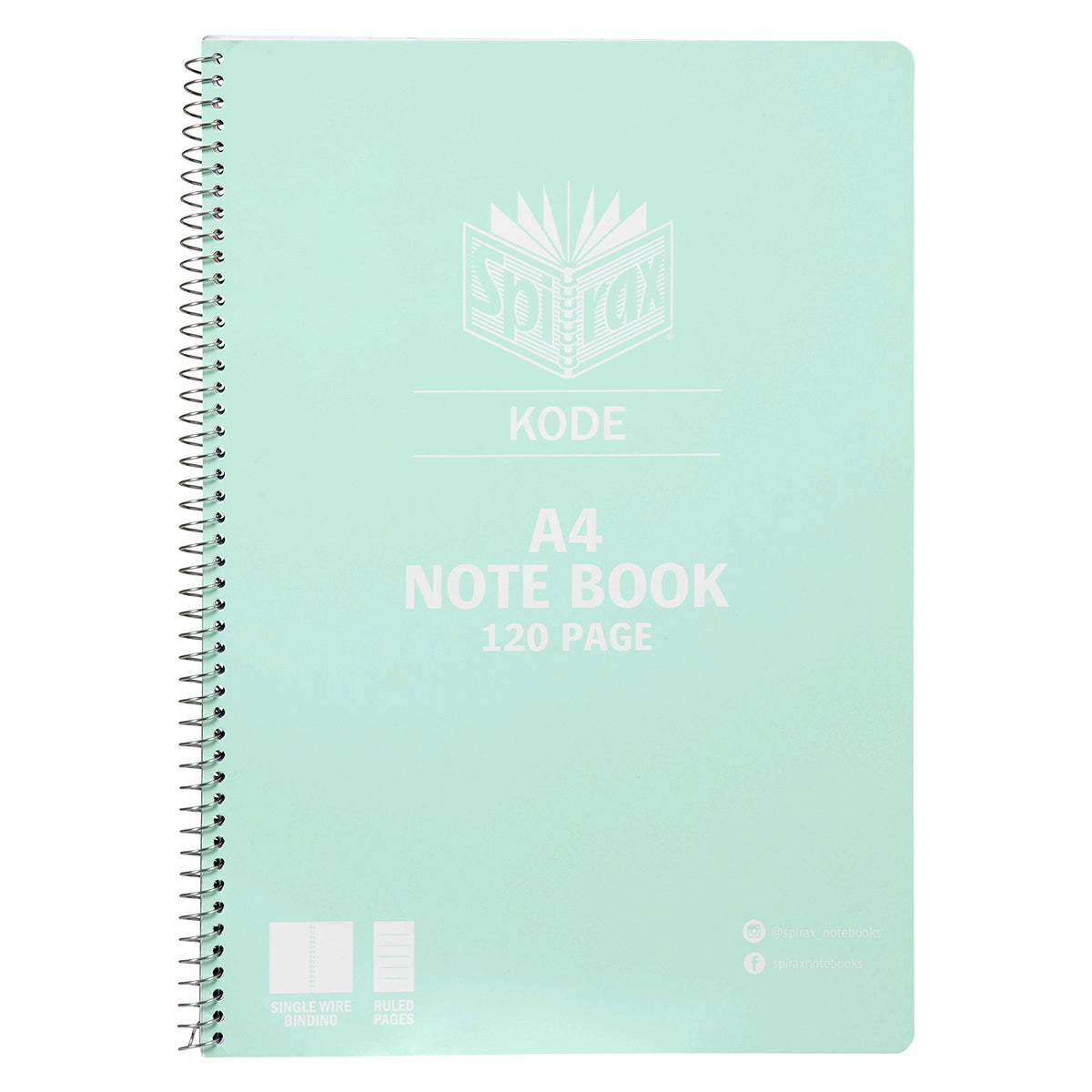 Mint Spirax Kode A4 notebook front cover with silver single wire binding and 120 page printed in white