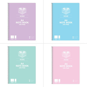 Four Spirax Kode A4 note books 240 page in lilac, blue, mint and pink covers, arranged in a two by two grid with silver wire on the left