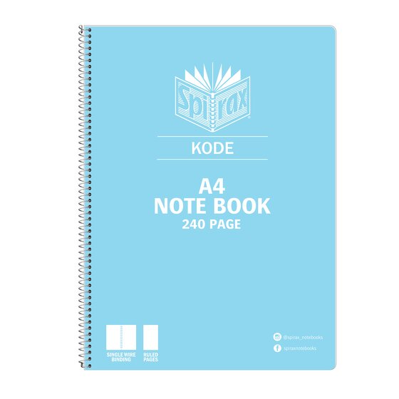 Blue Spirax Kode A4 note book 240 page with silver single wire binding and cover icons for single wire binding and ruled pages