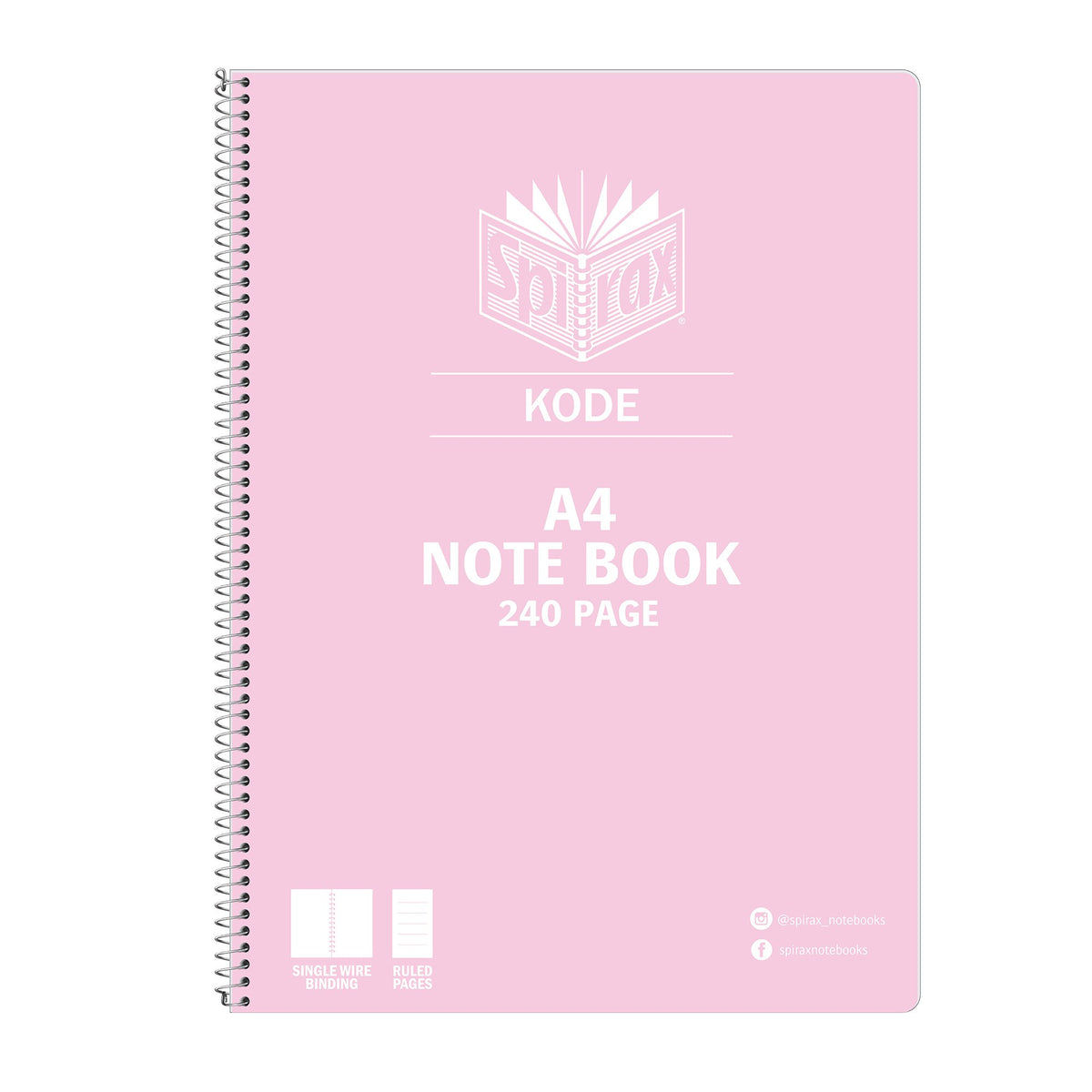 Pale pink Spirax Kode A4 note book cover printed 240 page, with silver wire down the left edge and the white Spirax Kode logo