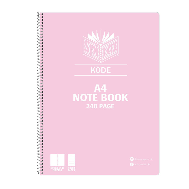 Pale pink Spirax Kode A4 note book cover printed 240 page, with silver wire down the left edge and the white Spirax Kode logo