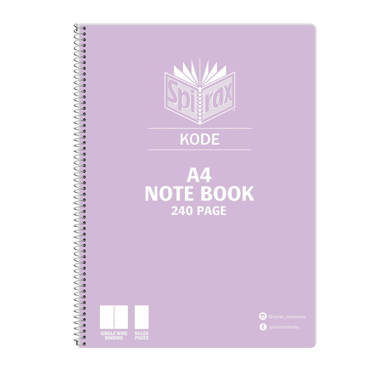 Lilac Spirax Kode A4 note book 240 page front cover with the white Spirax logo and the single wire binding and ruled pages icons