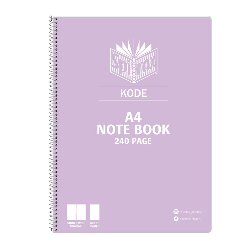 Lilac Spirax Kode A4 note book 240 page front cover with the white Spirax logo and the single wire binding and ruled pages icons