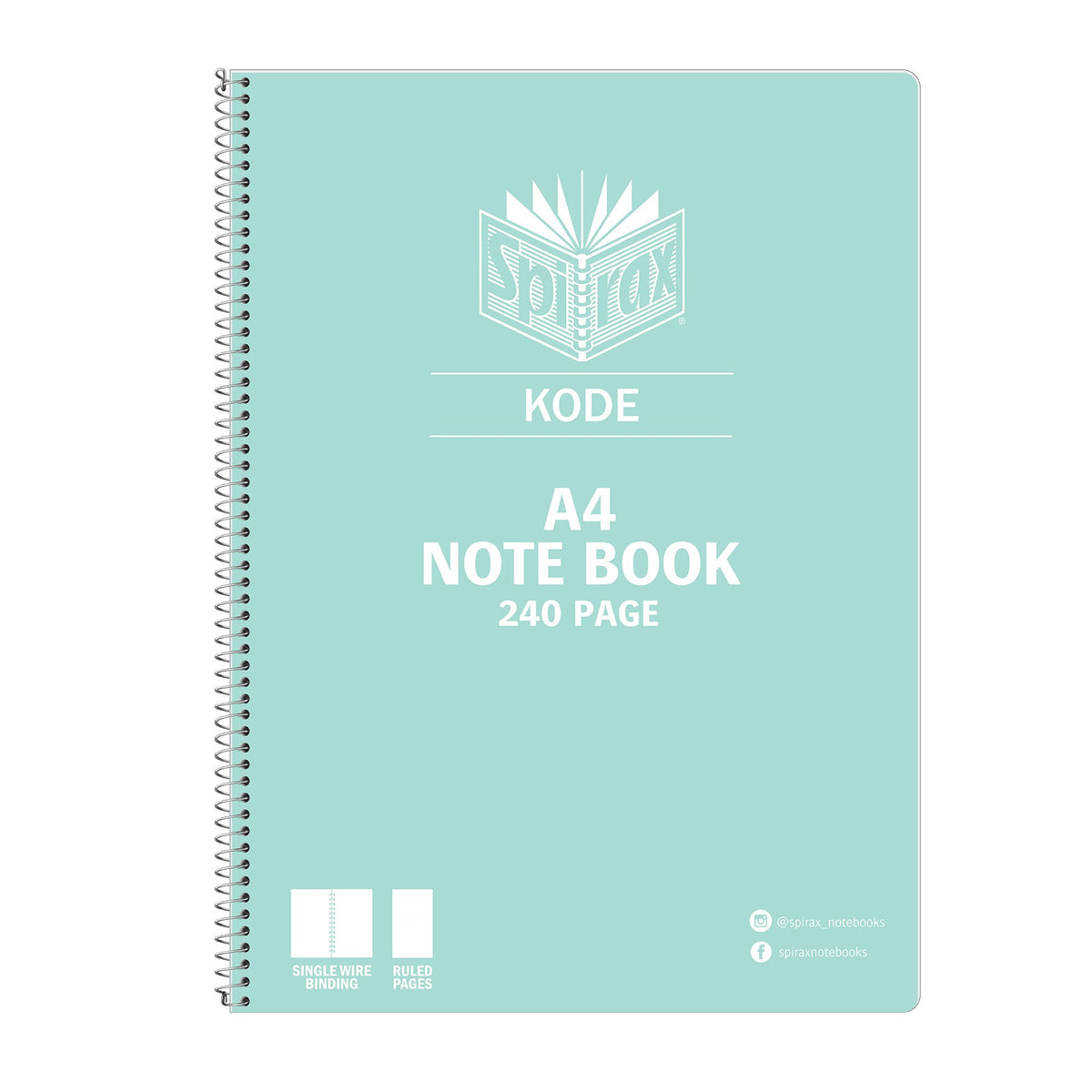 Mint green Spirax Kode A4 note book printed 240 page, spiral bound on the left with the Spirax Kode logo in white