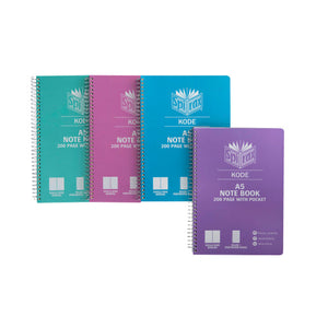 Four Spirax Kode A5 note books with pocket in teal, magenta, blue and purple shimmer covers, each wire bound down the left side