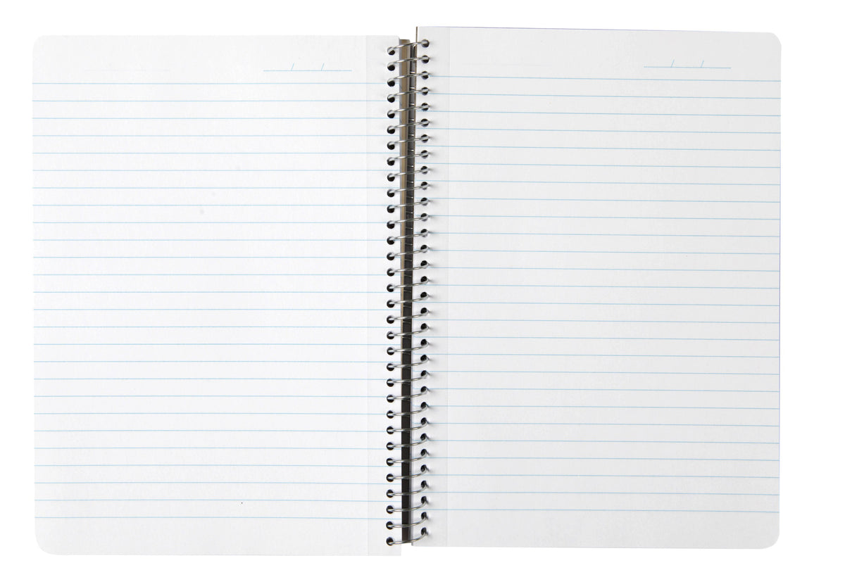 Spirax Kode A5 note book open across its silver wire, showing ruled pages with a perforation line near the binding and a date line at the top