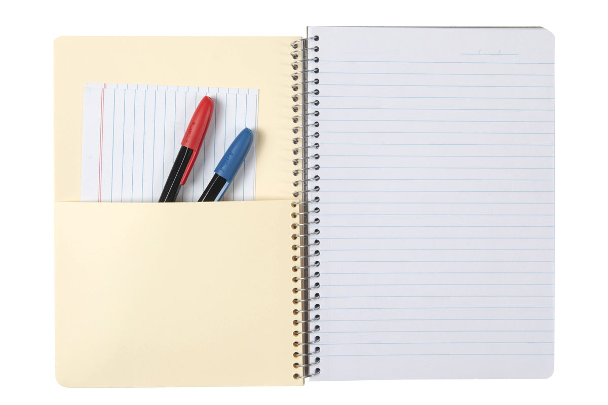 Spirax Kode A5 note book opened to a cream pocket divider holding a ruled card and two pens beside a ruled page