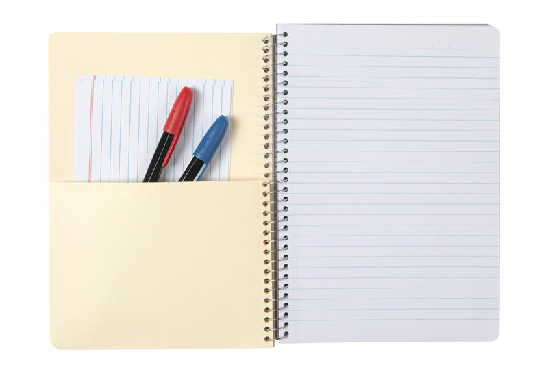 Spirax Kode A5 note book opened to a cream pocket divider holding a ruled card and two pens beside a ruled page